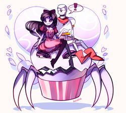  ! 1boy alternate_costume alternate_hair_length alternate_hairstyle armor arthropod_girl commentary dress extra_arms extra_eyes fangs female heart highres monster muffet muffet&#039;s_pet open_mouth papyrus_(undertale) photoshop_(medium) riding rotodisk scarf simple_background sitting skeleton smile spider_girl undertale 