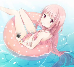  afloat ascot back bad_id bad_pixiv_id bikini blunt_bangs blush bow bracelet braid breasts caustics choker closed_mouth cup day drink drinking_glass drinking_straw feet_out_of_frame female flower flower_bracelet frilled_bikini frills from_above from_side halterneck highres holding holding_cup holding_own_arm ice ice_cube innertube jewelry knees_together_feet_apart kyabechi leaning_back legs_up lens_flare light_rays light_smile long_hair looking_at_viewer looking_back looking_up low_ponytail magia_record:_mahou_shoujo_madoka_magica_gaiden mahou_shoujo_madoka_magica outdoors pink_bikini pink_choker pink_eyes pink_hair polka_dot ponytail sidelocks sitting small_breasts smile solo straight_hair striped_ascot striped_bikini striped_clothes sunbeam sunlight swim_ring swimsuit tamaki_iroha tamaki_iroha_(swimsuit_costume) thigh_gap twin_braids very_long_hair water white_bow 