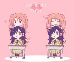  2girls :3 :d ^_^ blazer chair closed_eyes commentary desk heart highres jacket kuroki_tomoko multiple_girls necktie nemoto_hina on_head open_mouth pink_background playing_with_another&#039;s_hair school_chair school_desk school_uniform shoes sitting smile souta_555 triangle_mouth two_side_up uwabaki watashi_ga_motenai_no_wa_dou_kangaetemo_omaera_ga_warui! 