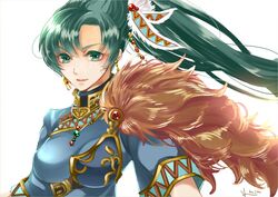  &gt;:) breasts chinese_clothes closed_mouth commentary_request female fire_emblem fire_emblem:_the_blazing_blade fire_emblem_heroes fur_collar green_eyes green_hair hair_ornament light_smile long_hair looking_at_viewer lyn_(brave_lady)_(fire_emblem) lyn_(fire_emblem) medium_breasts ponytail protected_link renkonmatsuri signature simple_background smile solo upper_body v-shaped_eyebrows white_background 