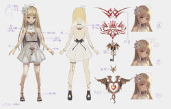  ahoge bare_back belt blonde_hair bracelet brown_eyes commentary_request concept_art dress female full_body jewelry long_hair multiple_views necklace open_mouth original sachi_(160332) sandals short_dress sleeveless sleeveless_dress smile tattoo thigh_strap turnaround variations white_dress 