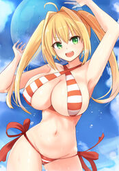  :d ahoge armpits arms_up ball beachball bikini blonde_hair blue_sky breasts cleavage collarbone commentary criss-cross_halter day earrings fate/extra fate/grand_order fate_(series) female green_eyes hair_intakes halterneck highres hip_focus huge_breasts jewelry long_hair looking_at_viewer lowleg navel neneru nero_claudius_(fate) nero_claudius_(swimsuit_caster)_(fate) open_mouth outdoors red_bikini side-tie_bikini_bottom sky smile solo striped_bikini striped_clothes swimsuit thighs twintails v-shaped_eyebrows water_drop wet 