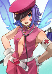  armband belt blue_eyes blue_wings blurry breasts breasts_apart center_opening commentary_request cosplay cowboy_shot cross depth_of_field dress echo_(mff) facepaint fairy_wings female final_fantasy gloves gradient_background hands_on_own_hips hat hat_over_one_eye lipstick makeup medium_hair mobius_final_fantasy open_mouth payu_(pyms11) peaked_cap persona persona_2 photoshop_(medium) pink_hat purple_hair red_cross signature simple_background sleeveless sleeveless_dress small_breasts stethoscope trish_(persona) trish_(persona)_(cosplay) white_belt white_gloves wings 