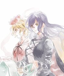  2girls asakura_noi blonde_hair commentary_request flower gradient_hair hair_flower hair_ornament hijiri_byakuren long_hair looking_at_viewer looking_away multicolored_hair multiple_girls purple_hair scroll short_hair smile toramaru_shou touhou white_background yellow_eyes 