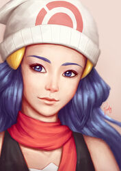  artist_name artstation_sample bare_shoulders beanie beige_background black_shirt blue_eyes blue_hair closed_mouth commentary_request dawn_(pokemon) eyebrows female hat highres image_sample long_hair looking_at_viewer pink_lips pokemon pokemon_dppt poppyminty portrait realistic red_scarf scarf shirt signature simple_background sleeveless solo tank_top upper_body white_hat 