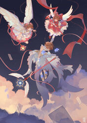  3girls absurdres angel_wings antenna_hair bad_id bad_pixiv_id bow brown_hair card cardcaptor_sakura choker clear_card cloud commentary dress falling feathered_wings flying frilled_dress frills fuuin_no_tsue gloves green_eyes hair_ornament hat hat_ribbon highres holding holding_wand hoshi_no_tsue kinomoto_sakura layered_dress magical_girl multiple_girls multiple_persona night night_sky pink_ribbon puffy_short_sleeves puffy_sleeves red_bow red_dress red_footwear red_ribbon ribbon short_hair short_sleeves short_twintails sidelocks sky sophie_usui star_(sky) star_(symbol) star_choker twintails wand white_dress white_gloves white_wings wings yume_no_tsue 