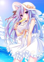  animal_ears black_bow blue_hair blue_sky blush bow breasts cat_ears cleavage cloud commentary_request covered_mouth day dress dutch_angle female food hair_between_eyes hair_ribbon hairbow hat hat_bow hinamushi_(shokuyou) holding holding_food horizon large_breasts long_hair ocean one_side_up orange_bow orange_scrunchie original outdoors plaid plaid_bow plaid_scrunchie popsicle purple_eyes red_ribbon ribbon scrunchie sky sleeveless sleeveless_dress solo standing sun_hat very_long_hair water white_dress white_hat wrist_scrunchie 