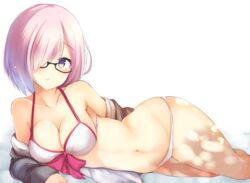  adapted_costume alternate_costume ashino bare_shoulders bikini black-framed_eyewear blush bow bow_bikini breasts cleavage collarbone commentary_request dappled_sunlight eyebrows fate/grand_order fate_(series) female glasses grey_shirt grey_sleeves hair_over_one_eye lying mash_kyrielight mash_kyrielight_(swimsuit_of_perpetual_summer) medium_breasts multicolored_eyes navel off_shoulder official_alternate_costume on_side open_clothes open_shirt parted_lips pink_bow pink_hair purple_eyes semi-rimless_eyewear shirt short_hair simple_background solo stomach sunlight swimsuit under-rim_eyewear white_background white_bikini yellow_eyes 