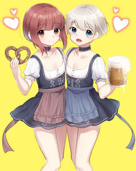  2girls :d akagi_kurage alcohol alternate_costume bare_legs beer beer_mug blue_eyes brown_eyes brown_hair commentary_request cup dirndl dress flat_chest food german_clothes grey_hair highres holding holding_cup kantai_collection matching_outfits mug multiple_girls no_headwear open_mouth pretzel puffy_short_sleeves puffy_sleeves short_dress short_hair short_sleeves smile standing thighs z1_leberecht_maass_(kancolle) z1_leberecht_maass_(oktoberfest_mode)_(kancolle) z3_max_schultz_(kancolle) 