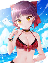  arm_behind_back bare_shoulders beach bikini bikini_top_only blush bow bracelet breasts brooch choker cleavage cloud collarbone commentary_request day female gegege_no_kitarou hairbow halterneck ittan_momen_(gegege_no_kitarou) jewelry large_breasts looking_at_viewer naomi_(fantasia) navel nekomusume nekomusume_(gegege_no_kitarou_6) ocean outdoors photoshop_(medium) plaid plaid_bikini plaid_bikini_top pointy_ears purple_hair red_bikini red_bow short_hair sky swimsuit upper_body water yellow_eyes 