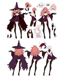  ass bare_shoulders black_sclera blazblue breasts cleavage concept_art female hair_over_one_eye hat high_heels konoe_a_mercury phantom_(blazblue) pink_hair thighhighs witch_hat yellow_eyes 