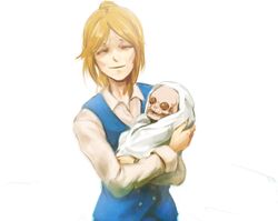  baby baby_carry bad_id bad_pixiv_id blonde_hair carrying closed_eyes commentary_request female long_sleeves lost_(sound_horizon) nein_(album) ponytail red_vest redfox skeleton smile solo sound_horizon vest yurikago_(sound_horizon) 