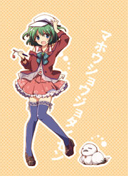  00tea bird blue_eyes blue_thighhighs blush bow bowtie commentary_request female frilled_skirt frills full_body green_hair hat looking_at_viewer mahou_shoujo_taisen mahou_shoujo_taisen_contest_1 official_art open_mouth polka_dot polka_dot_background skirt smile solo standing thighhighs translated watch wristwatch 