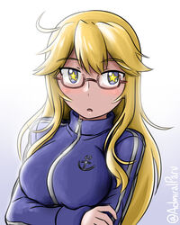  admiral_paru anchor_symbol bespectacled blonde_hair blue_eyes blue_jacket commentary_request female glasses gradient_background grey_background highres iowa_(kancolle) jacket kantai_collection long_hair looking_to_the_side red-framed_eyewear semi-rimless_eyewear solo star-shaped_pupils star_(symbol) symbol-shaped_pupils track_jacket twitter_username under-rim_eyewear upper_body white_background 