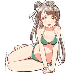  :d arm_support artist_name barefoot bikini bow brown_eyes brown_hair commentary_request female full_body green_bikini grey_hair hair_ornament hairbow hairpin halterneck korean_commentary long_hair looking_at_viewer love_live! love_live!_school_idol_project midriff minami_kotori one_side_up open_mouth own_hands_together simple_background sitting skull573 smile solo swimsuit topknot twitter_username white_background yokozuwari 