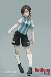  2018_fifa_world_cup adidas antilous argentina argentinian_flag argentinian_flag_print asociacion_de_futbol_argentina black_shorts blue_shirt brown_hair chinese_commentary commentary_request female flag_print full_body grey_background grey_eyes open_mouth original photoshop_(medium) shirt shoes short_hair short_sleeves shorts simple_background smile sneakers soccer soccer_uniform solo sportswear striped_clothes striped_shirt vertical-striped_clothes vertical-striped_shirt watermark white_legwear white_shirt world_cup 