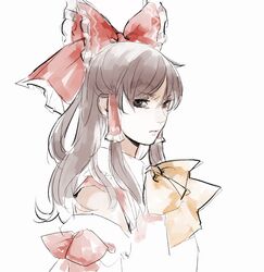  angry asakura_noi bow brown_eyes brown_hair commentary_request detached_sleeves female frown hair_ribbon hair_tubes hairbow hakurei_reimu long_hair looking_at_viewer neck_ribbon nontraditional_miko red_bow ribbon solo touhou white_background 