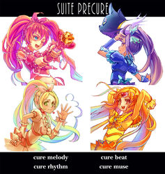  4girls aqua_eyes arms_up bad_id bad_pixiv_id blonde_hair bow braid brown_eyes character_name choker circlet copyright_name cure_beat cure_melody cure_muse_(yellow) cure_rhythm earrings feline frills green_eyes heart highres houjou_hibiki jewelry kurokawa_eren long_hair magical_girl midriff minamino_kanade miracle_belltier multiple_girls navel orange_hair pink_bow pink_hair pink_wrist_cuffs potepote precure purple_hair seiren_(suite_precure) shirabe_ako side_ponytail smile suite_precure twintails wand white_choker wrist_cuffs yellow_bow 