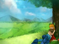  1boy armor blackball blonde_hair bow brother_and_sister brown_hair commentary_request dress female field green_bow hug hug_from_behind mega_man_(character) mega_man_(classic) mega_man_(series) outdoors red_dress resting roll_(mega_man) scenery siblings tree 