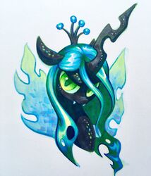  2018 arthropod blue_hair celebi-yoshi changeling crown equid fangs female feral floppy_ears friendship_is_magic green_eyes green_sclera hair hasbro headgear headshot_portrait hi_res horn insect_wings long_hair looking_at_viewer mammal marker_(artwork) my_little_pony portrait pupils queen_chrysalis_(mlp) simple_background slit_pupils solo teeth traditional_media_(artwork) white_background wings 