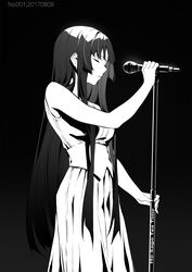  akiyama_mio closed_eyes commentary_request dated dress expressionless female greyscale highres hime_cut k-on! long_hair microphone microphone_stand monochrome photoshop_(medium) sleeveless sleeveless_dress solo very_long_hair zjm530280188 