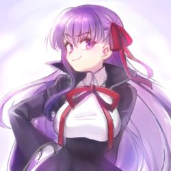  bb_(fate) bb_(fate/extra) breasts commentary_request fate/extra fate/extra_ccc fate_(series) female gloves hair_ribbon hanjuku_tomato large_breasts long_hair looking_at_viewer purple_eyes purple_hair ribbon smile smug solo very_long_hair white_gloves 