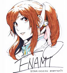  artist_name brown_eyes brown_hair copyright_name enami_katsumi female high_ponytail looking_at_viewer marker_(medium) official_art parted_lips ponytail portrait saionji_reimi sidelocks solo star_ocean star_ocean_anamnesis star_ocean_the_last_hope traditional_media 