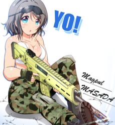  adaptive_combat_rifle ankoiri assault_rifle bikini bikini_top_only blue_eyes blush boots breasts brown_hair camouflage camouflage_pants cleavage commentary_request female fingerless_gloves gloves goggles goggles_on_head gun hair_ornament holding holding_gun holding_weapon love_live! love_live!_sunshine!! magpul medium_breasts military open_mouth pants remington_arms rifle short_hair sitting solo sweat swimsuit tattoo text_focus trigger_discipline watanabe_you weapon woodland_camouflage 