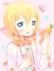  1boy andou_mario androgynous apron bad_id bad_pixiv_id blonde_hair blue_eyes blush carrot commentary_request drill_hair idolmaster idolmaster_side-m inu_(griffone) jewelry kappougi male_focus necklace open_mouth otoko_no_ko smile solo 