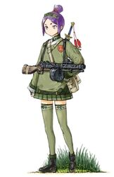  bad_id bad_pixiv_id china combat_shotgun eyebrows fallout_(series) fallout_3 female full_body grass green_ribbons green_skirt green_thighhighs gun hair_bobbles hair_bun hair_ornament hairband hikimayu long_sleeves mars_expedition military military_uniform miniskirt pleated_skirt purple_eyes purple_hair ribbon short_hair shotgun simple_background single_hair_bun skirt solo strap sword thighhighs uniform weapon white_background y_(khakiyawn) zettai_ryouiki 