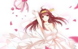  absurdres ahoge bare_shoulders blush bouquet bouquet_toss breasts brown_eyes brown_hair cleavage commentary double_bun dress elbow_gloves female flower fm gloves hair_bun hairband highres kantai_collection kongou_(kancolle) large_breasts long_hair looking_at_viewer petals rose rose_petals smile solo strapless strapless_dress wedding_dress white_dress white_gloves 