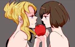  2girls apper500 apple bad_id bad_pixiv_id bare_shoulders blonde_hair brown_eyes brown_hair food from_side fruit grey_background long_hair looking_at_another mawaru_penguindrum multiple_girls oginome_ringo profile purple_eyes shaded_face short_hair simple_background tokikago_yuri very_long_hair yuri 