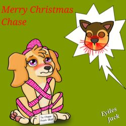  1:1 canid canine canis chase_(paw_patrol) christmas domestic_dog eyiles-jacky_(artist) gift holidays mammal paw_patrol skye_(paw_patrol) young 