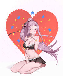  absurdres between_legs bikini bikini_skirt black_bikini black_ribbon breasts cleavage commentary ertw_lin female finger_to_mouth forever_7th_capital frilled_bikini frills full_body gaer hair_ribbon hand_between_legs heart highres large_breasts licking licking_finger long_hair looking_to_the_side navel ponytail purple_eyes purple_hair ribbon seiza sidelocks sitting solo swimsuit very_long_hair wind 