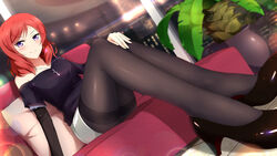  alternate_costume bare_shoulders black_footwear black_pantyhose blurry bokeh building city_lights closed_mouth commentary_request couch depth_of_field dutch_angle female from_below glass hand_on_own_knee high_heels highres indoors layered_sleeves lens_flare long_legs long_sleeves looking_at_viewer love_live! love_live!_school_idol_project medium_hair miniskirt musaceae night nishikino_maki off-shoulder_shirt off_shoulder pantyhose pencil_skirt pillow plant potted_plant purple_eyes red_hair shirt shoes short_over_long_sleeves short_sleeves sitting skirt sliding_doors smile solo swept_bangs thighband_pantyhose tile_floor tiles towel white_skirt xiao_ren 