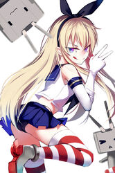  &gt;_&lt; :3 ayan blonde_hair blue_eyes closed_eyes commentary female gloves hairband highleg highleg_panties highres kantai_collection lifebuoy long_hair looking_back panties rensouhou-chan shimakaze_(kancolle) smile smirk striped_clothes striped_thighhighs swim_ring thighhighs tongue underwear v 