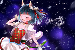  absurdres animal_ears bell black_hair cat_ears christmas closed_eyes collar commentary_request english_text female flat_chest gloves hair_ornament highres kiki_(tsunya) neck_bell open_mouth photoshop_(medium) plaid plaid_ribbon ribbon ryoune_yami skirt snow snowflakes solo utau white_gloves white_skirt winter 