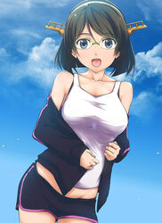  alternate_costume bare_shoulders black_hair black_jacket black_skirt blue_eyes blush breasts cloud collarbone commentary_request day female glasses green-framed_eyewear headgear jacket kantai_collection kirishima_(kancolle) kirishima_kai_ni_(kancolle) looking_at_viewer mechanical_pencil medium_breasts midriff off_shoulder open_mouth outdoors pencil short_hair skirt sky slowpit solo sportswear upper_body white_singlet 