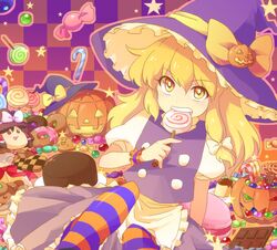  apron blonde_hair blue_thighhighs bow cake candy candy_cane checkerboard_cookie chocolate chocolate_cake commentary_request cookie doughnut feast female food food-themed_background food-themed_hair_ornament hair_ornament hairbow hakurei_reimu halloween hanjuku_tomato hat jack-o&#039;-lantern kirisame_marisa lollipop macaron multicolored_clothes multicolored_legwear orange_thighhighs pudding pumpkin pumpkin_hair_ornament shaped_lollipop solo star_(symbol) striped_clothes striped_thighhighs swirl_lollipop symbol-shaped_pupils thighhighs touhou witch_hat wrist_cuffs yellow_eyes yukkuri_shiteitte_ne 