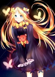  :o abigail_williams_(fate) black_bow black_dress black_hat blonde_hair blue_eyes blush bow bug butterfly commentary dress fate/grand_order fate_(series) female hairbow hat hugging_object long_hair long_sleeves looking_at_viewer orange_bow parted_bangs parted_lips polka_dot polka_dot_bow sleeves_past_fingers sleeves_past_wrists solo stuffed_animal stuffed_toy teddy_bear v_arms very_long_hair yoko_(yang-tzu) 