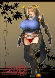  armor bare_shoulders beowolf blonde_hair boots breasts brown_eyes curvy female female fingerless_gloves gloves hair_ornament highres huge_breasts katana lipstick makeup milf navel original panties pixiv_fantasia pixiv_fantasia_new_world plump ponytail red_lipstick red_panties solo standing supi_(beowolf_1999) sword thighhighs thighs underwear weapon wide_hips 