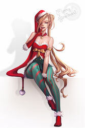  alternate_costume ambitious_elf_jinx asymmetrical_legwear bare_shoulders blonde_hair bow commentary_request diagonal-striped_legwear diagonal_stripes evil_smile female full_body fur_trim gloves green_pantyhose hair_bun hair_over_one_eye hat highres index_finger_raised invisible_chair jellyemily jinx_(league_of_legends) league_of_legends long_hair looking_at_viewer merry_christmas mismatched_legwear open_mouth pantyhose photoshop_(medium) pointy_ears red_footwear red_gloves red_lips santa_hat shadow side_ponytail single_hair_bun sitting smile solo star_(symbol) strapless striped_clothes striped_pantyhose underbust vertical-striped_clothes vertical-striped_pantyhose very_long_hair yellow_bow 