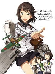  3girls :d aircraft airplane black_hair black_skirt blue_skirt blush box brown_eyes brown_hair carrying closed_eyes commentary_request drum_(container) fairy_(kancolle) flower hayasui_(kancolle) headband jacket kantai_collection long_hair long_sleeves machinery mini_person minigirl miyuki_(kancolle) multiple_girls open_mouth pleated_skirt pointing ponytail ryuusei_(kancolle) sailor_collar sakura_(medilore) school_uniform serafuku short_hair short_sleeves simple_background skirt smile smokestack track_jacket translation_request turret turtleneck twitter_username uniform white_background wind zipper |_| 