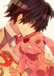  1boy a-ya_(shuuen_no_shiori) bad_id bad_pixiv_id black_hair blazer collared_shirt colored_eyepatch eyepatch from_side holding holding_scissors holding_stuffed_toy jacket lapels long_bangs looking_at_object looking_down male_focus necktie notched_lapels rabbit red_eyes red_necktie red_trim school_uniform scissors shirt short_hair shuuen_no_shiori_project simple_background stuffed_animal stuffed_rabbit stuffed_toy toa_(sarara23) upper_body white_background white_shirt yellow_jacket 