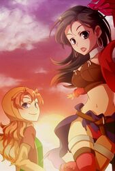  2girls aira_(dq7) black_hair blue_eyes breasts brown_hair cleavage commentary_request dragon_quest dragon_quest_vii earrings gloves grey_eyes hood jewelry long_hair maribel_(dq7) medium_breasts midriff multiple_girls open_mouth sanndo small_breasts smile thighhighs 