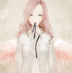  angel_wings animification ariadne_(inception) bad_id bad_pixiv_id brown_hair female green_eyes inception lips long_hair mouth_hold open_clothes open_shirt pink_hair ribbon ribbon_in_mouth shirt sola_(414lilyope) solo undressing upper_body wings 