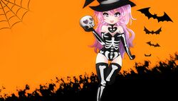  :3 bad_facebook_id bad_id bare_shoulders bat_(animal) breasts choker cleavage elbow_gloves fangs female gloves halloween hat highres leotard long_hair medium_breasts nyanners nyatasha_nyanners nyatasha_nyanners_(old_design) open_mouth original pink_hair silk skeleton_costume skull solo spider_web thigh_gap thighhighs witch_hat 