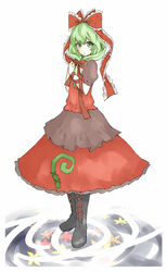  boots bow commentary_request cross-laced_footwear dress female front_ponytail green_eyes green_hair hairbow highres kagiyama_hina lace-up_boots leaf ribbon satona_hasuo solo touhou 