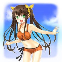  bikini brown_hair commentary_request female green_eyes highres huang_lingyin infinite_stratos long_hair midriff navel oerba_yun_fang open_mouth orange_bikini photoshop_(medium) setona_(daice) solo swimsuit thighs twintails 