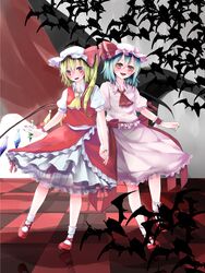  2girls asagi_yuna bad_id bad_pixiv_id bat_(animal) bat_wings blonde_hair blue_hair flandre_scarlet hat highres holding_hands multiple_girls oerba_yun_fang orange_eyes remilia_scarlet short_hair siblings side_ponytail sisters too_many too_many_bats touhou wings 